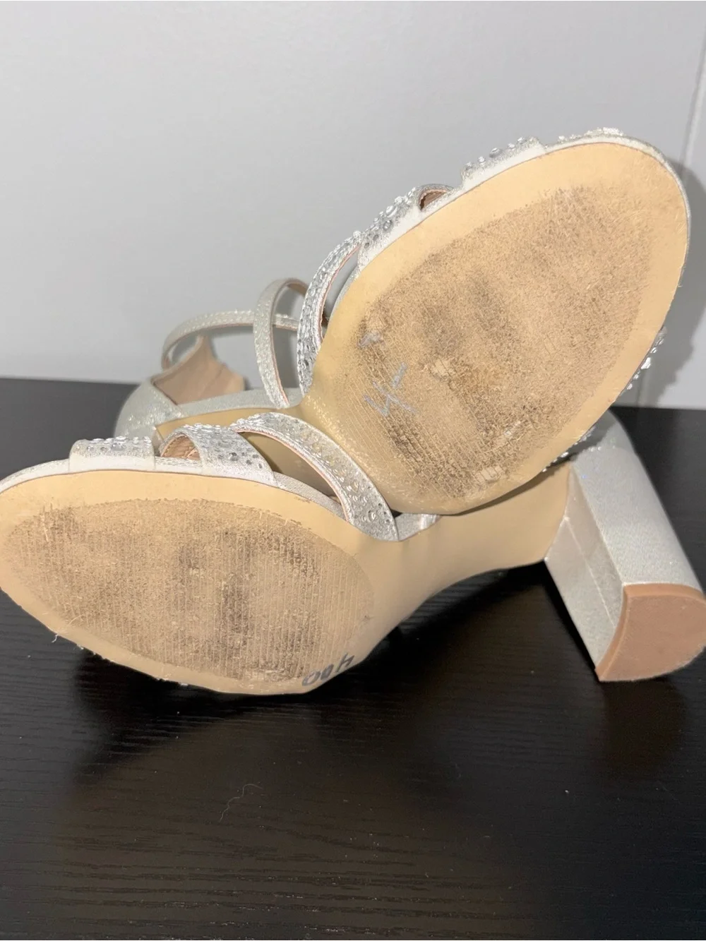 Studio Badgley Mischka Silver Rhinestone Block Heel Sandals Ankle Strap